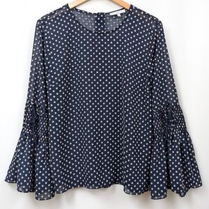 Current Air Blouse Bell Sleeve Polkadot Round Neck Lightweight Semi-Sheer Blue L